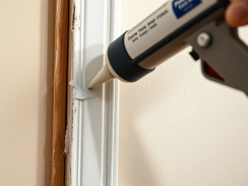 A caulking gun laying a bead of white caulk along the joint where door casing meets the wall, sanded filler patches beside it.