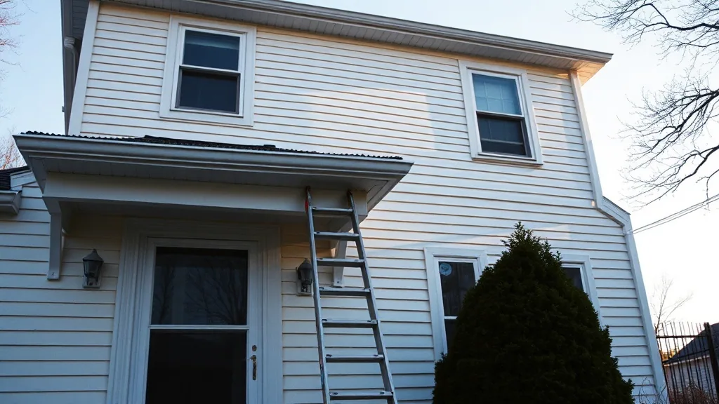 Freshly painted clapboard siding and white fascia on a two storey house with an extension ladder leaning against the wall.
