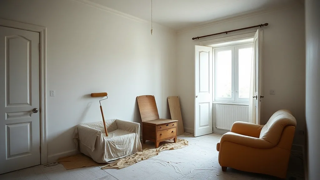 A bedroom part way through being painted, the furniture pulled into the middle under dust sheets and paper, a roller on a pole leaning by the door.