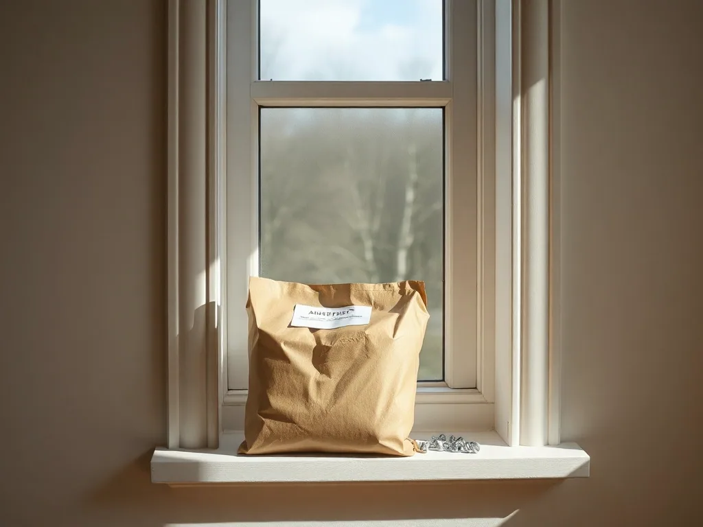 A labelled paper bag of switch plates and screws standing on the sill of a freshly painted room, afternoon light through the window.